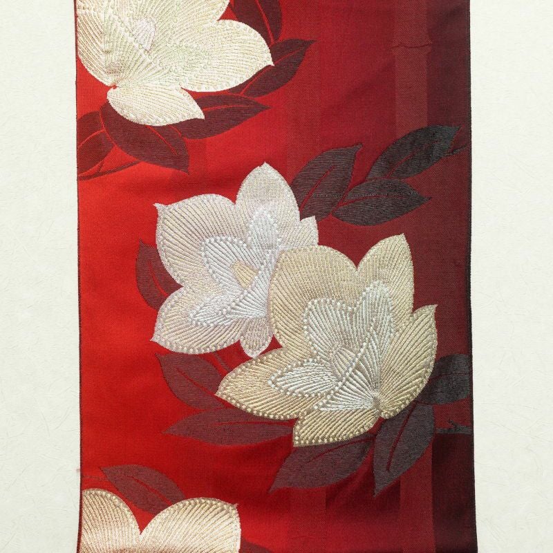名古屋帯 六通柄 じゅらく 正絹 花柄 名古屋仕立て 赤・朱_画像10