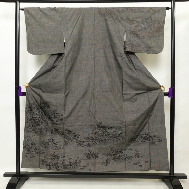 紬 付下げ風 正絹 風景柄 菖蒲 袷仕立て 茶_画像1