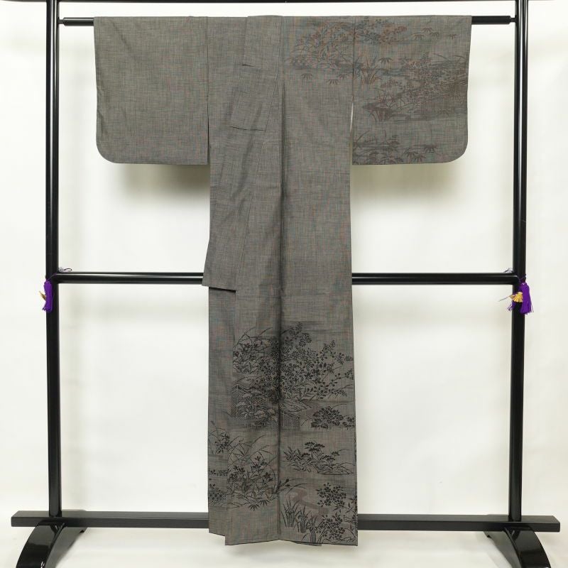 紬 付下げ風 正絹 風景柄 菖蒲 袷仕立て 茶_画像2