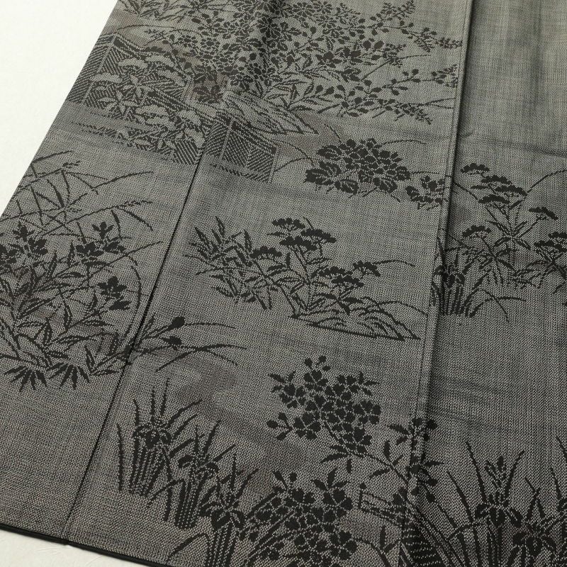 紬 付下げ風 正絹 風景柄 菖蒲 袷仕立て 茶_画像4