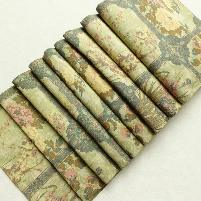 袋帯 紹巴萬葉 全通柄 フォーマル用 正絹 花柄 緑・うぐいす色_画像23
