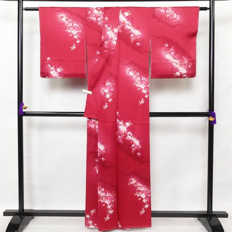 小紋 良品 しつけ糸付き 総柄 正絹 花柄 袷仕立て 赤・朱_画像2