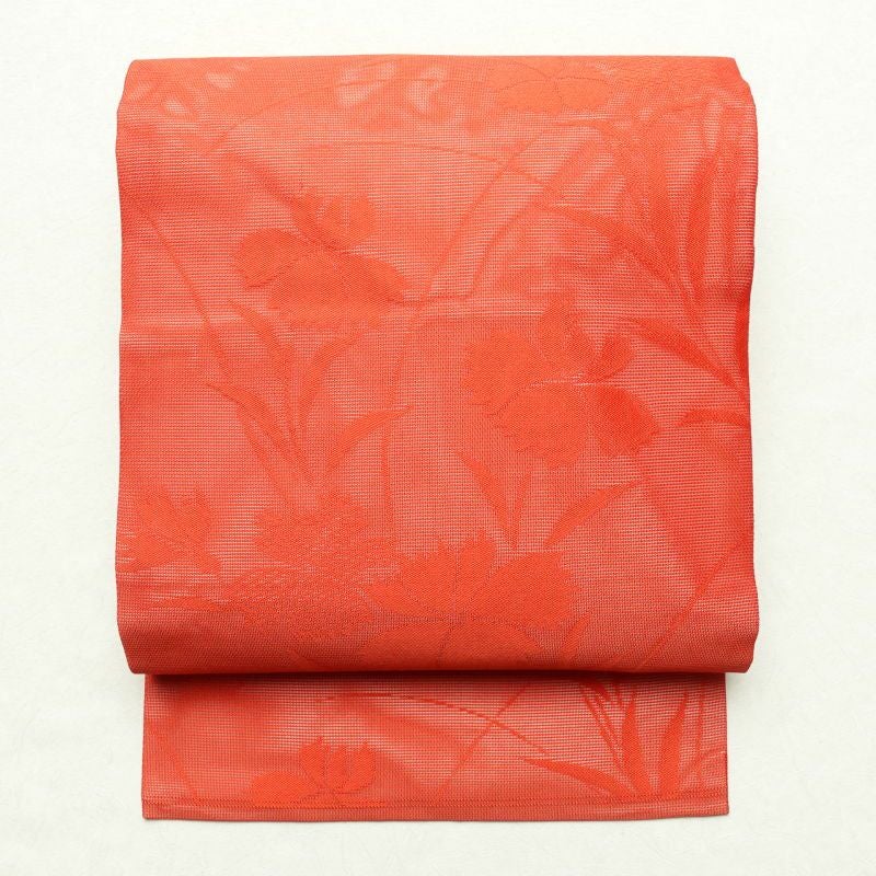 絽 名古屋帯 全通柄 良品 夏用 正絹 花柄 名古屋仕立て 赤・朱_画像1