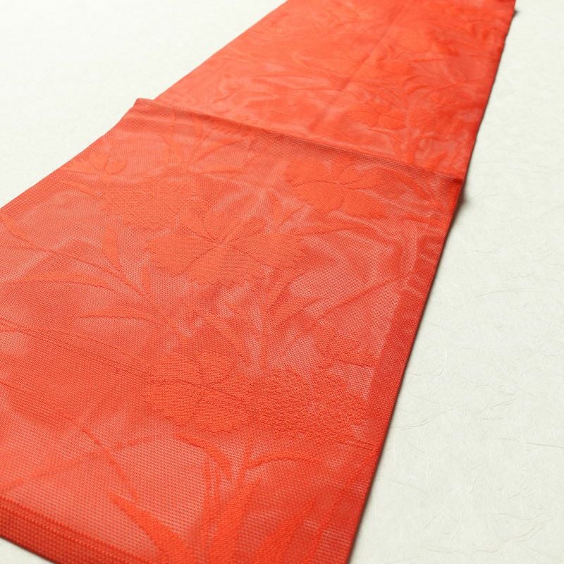 絽 名古屋帯 全通柄 良品 夏用 正絹 花柄 名古屋仕立て 赤・朱_画像9