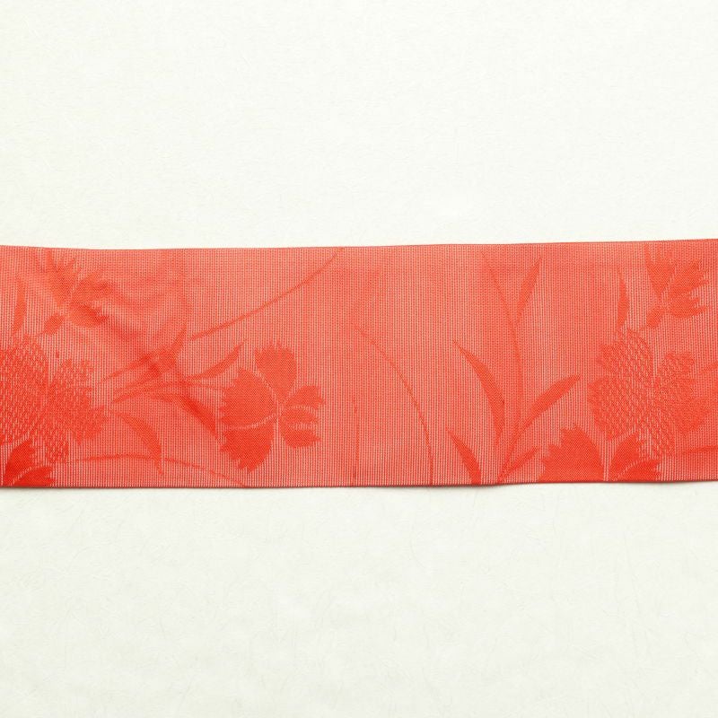 絽 名古屋帯 全通柄 良品 夏用 正絹 花柄 名古屋仕立て 赤・朱_画像13