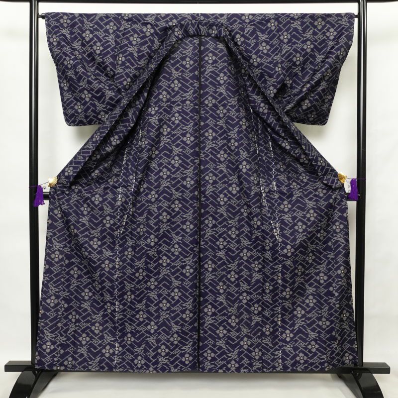 単衣 紬 正絹 肩当て 背伏せ付き 花柄 単衣仕立て 青・紺_画像3