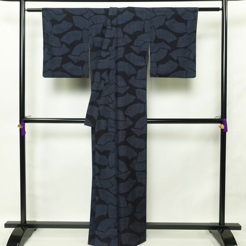 結城紬 証紙あり はたおり娘 正絹 紬 幾何学柄・抽象柄 袷仕立て 青・紺_画像2