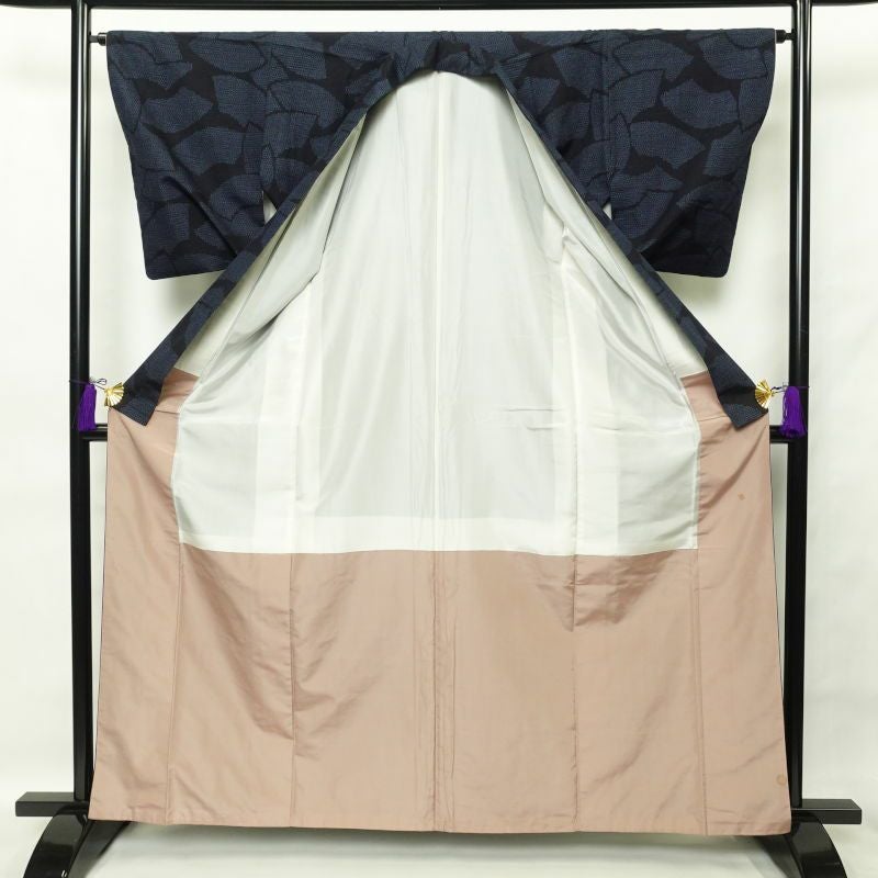 結城紬 証紙あり はたおり娘 正絹 紬 幾何学柄・抽象柄 袷仕立て 青・紺_画像3