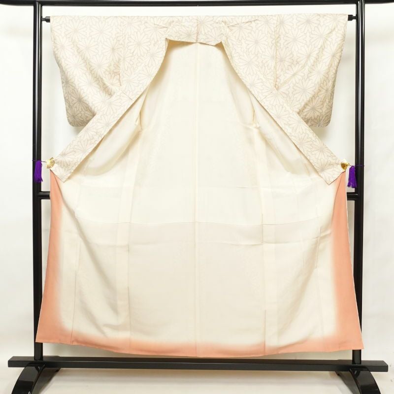 紬 正絹 花柄 袷仕立て クリーム サラッとした手触り_画像3