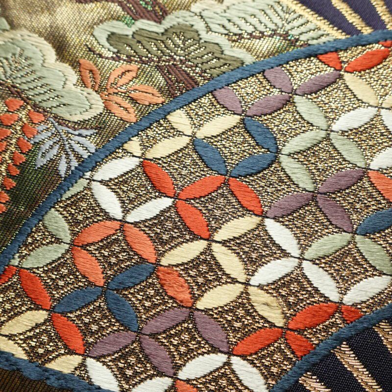 袋帯 六通柄 フォーマル用 正絹 古典柄 蝶 箔 扇子 松 七宝 金・銀_画像9