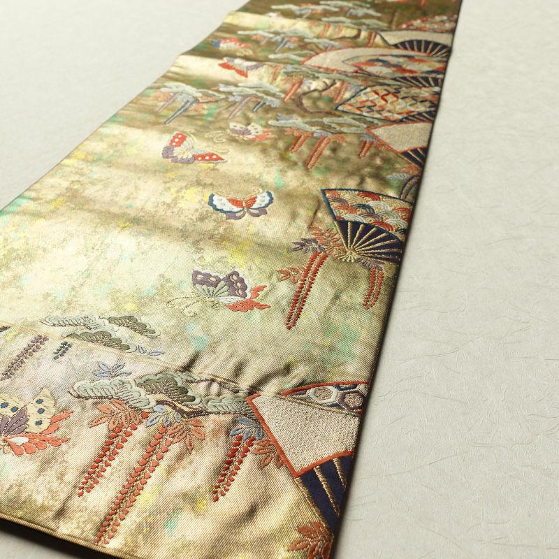 袋帯 六通柄 フォーマル用 正絹 古典柄 蝶 箔 扇子 松 七宝 金・銀_画像12