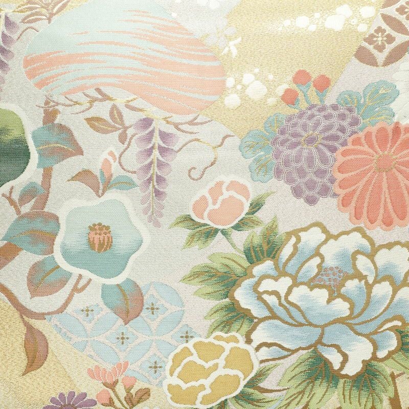 袋帯 六通柄 フォーマル用 正絹 金糸 芍薬 流水 梅 花柄 多色使い_画像2