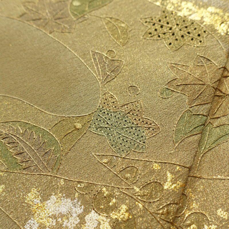 訪問着 蘇州刺繍 証紙あり スワトウ刺繍 箔 共八掛 刺繍 良品 正絹 古典柄 袷仕立て 黄・黄土色_画像14