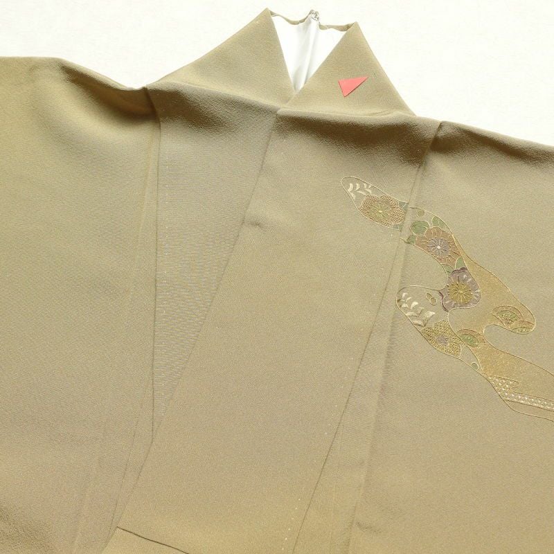 訪問着 蘇州刺繍 証紙あり スワトウ刺繍 箔 共八掛 刺繍 良品 正絹 古典柄 袷仕立て 黄・黄土色_画像25