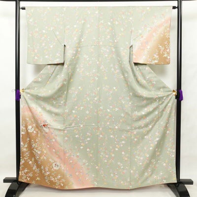 訪問着 良品 正絹 刺繍 金彩 花柄 袷仕立て 身丈162.5cm 裄丈65.5cm 緑・うぐいす色