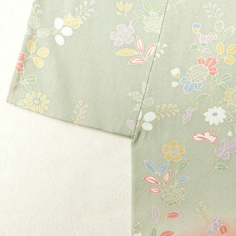 訪問着 良品 正絹 刺繍 金彩 花柄 袷仕立て 緑・うぐいす色_画像13