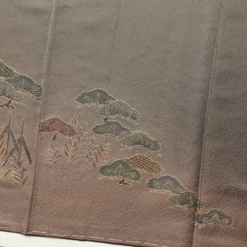 付け下げ 良品 スワトウ刺繍 一つ紋付き しつけ糸付き 正絹 木の葉・植物柄 袷仕立て 茶_画像17
