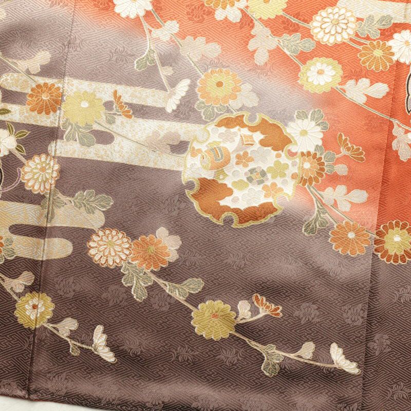 訪問着 良品 金駒刺繍 箔 共八掛 綸子 正絹 古典柄 袷仕立て 橙_画像12