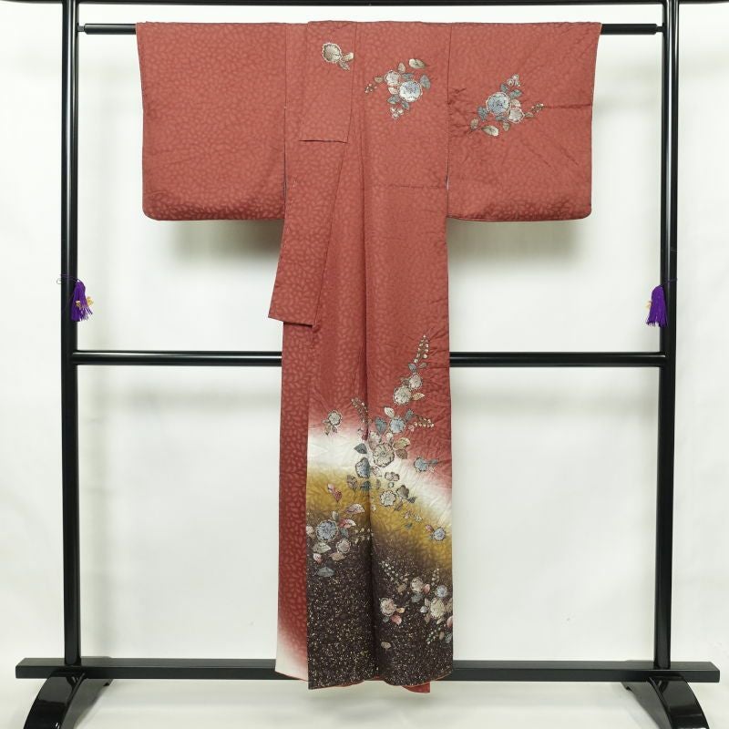 訪問着 辻が花 絞り 正絹 箔 花柄 袷仕立て 小豆・エンジ_画像2