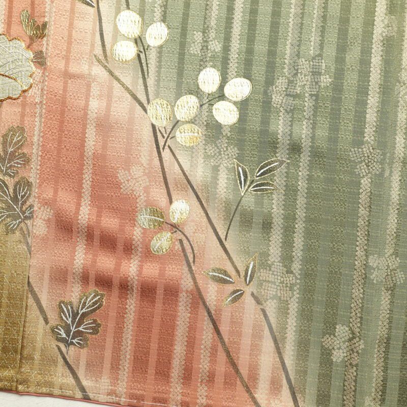 訪問着 しつけ糸付き 金駒刺繍 箔 正絹 花柄 袷仕立て 緑・うぐいす色_画像17