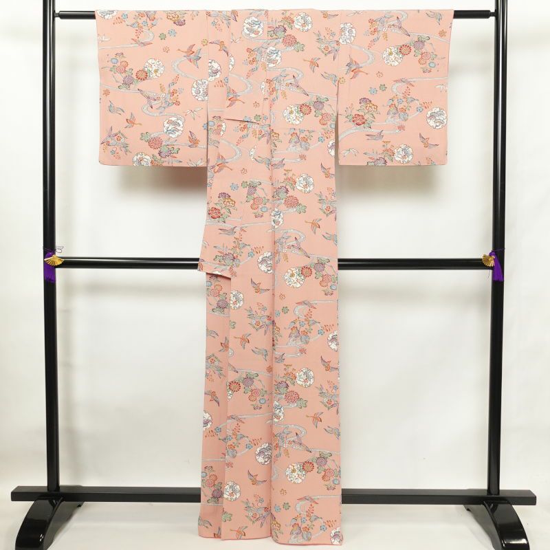 小紋 良品 縮緬 正絹 古典柄 小紋着物 袷仕立て ピンク_画像2