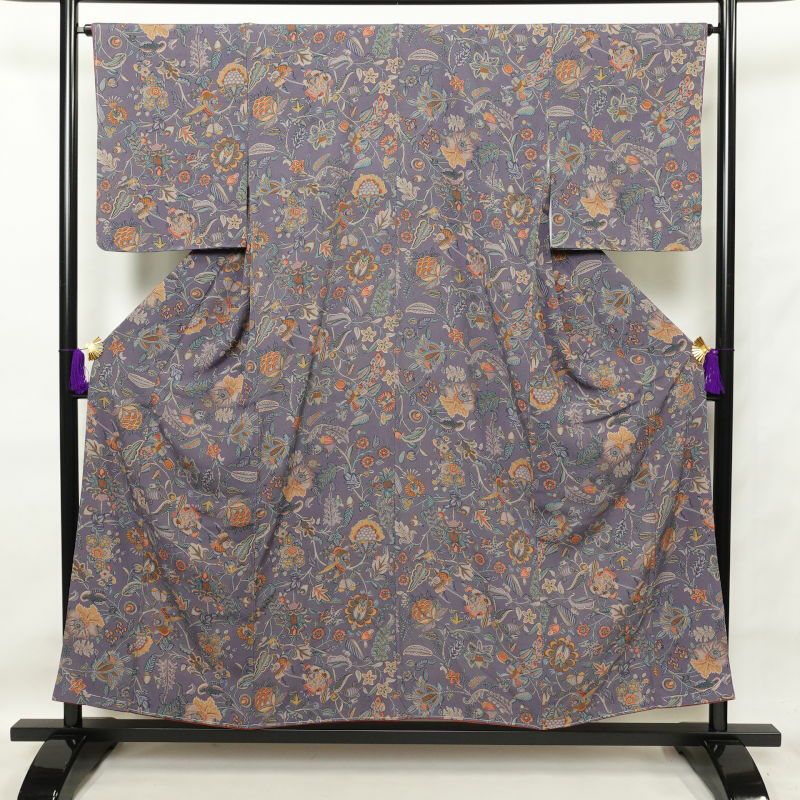 小紋 美品 しつけ糸付き 縮緬 正絹 幾何学柄・抽象柄 袷仕立て 紫・藤色_画像1