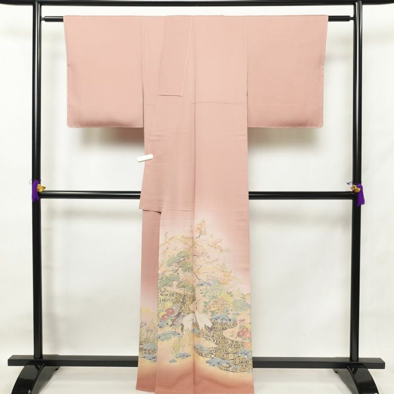 色留袖 美品 琳派祥鶴図 丹後ちりめん 金糸 刺繍 しつけ糸付き 正絹 古典柄 袷仕立て ピンク_画像2