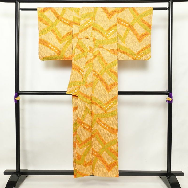 小紋 良品 総絞り 正絹 幾何学柄・抽象柄 袷仕立て 橙 やまと謹製_画像2