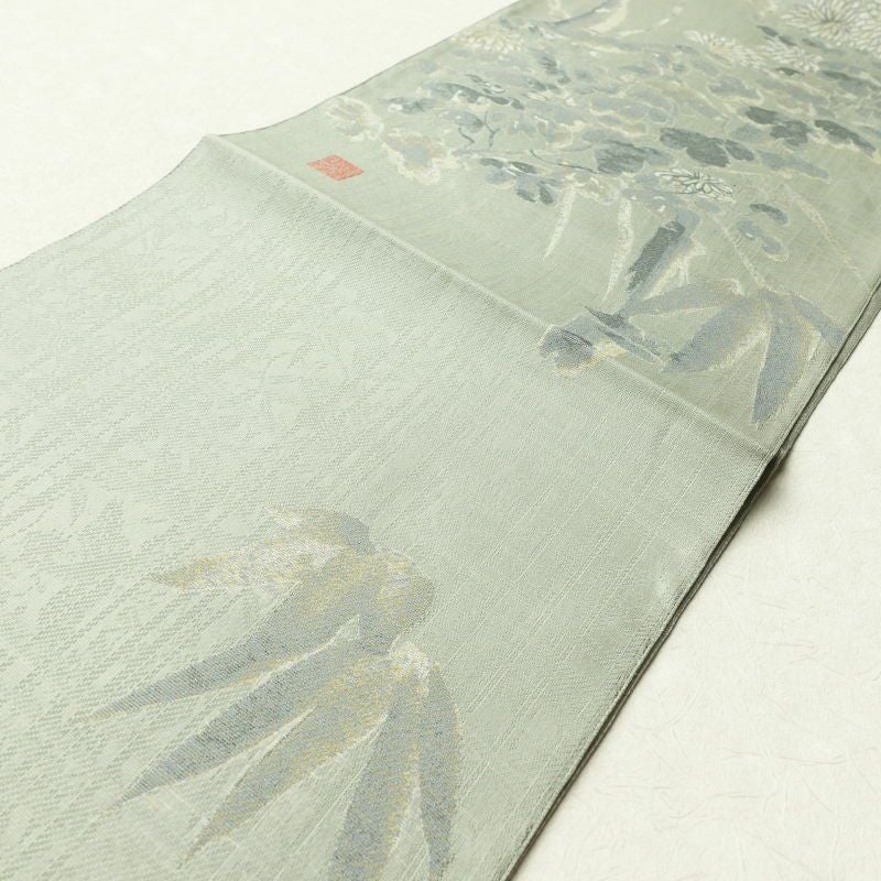 袋帯 落款入り 太鼓柄 良品 正絹 木の葉・植物柄 緑・うぐいす色_画像13