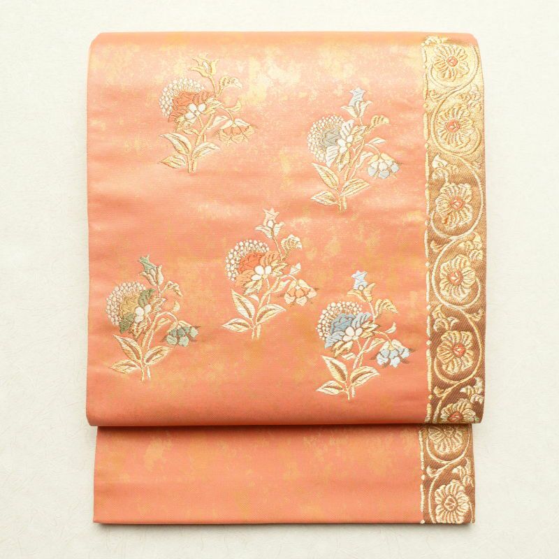 袋帯 太鼓柄 フォーマル用 正絹 木の葉・植物柄 橙_画像1