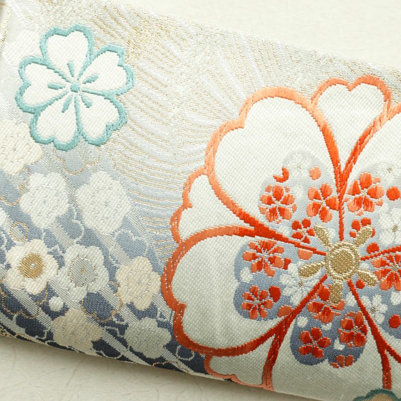 袋帯 六通柄 振袖用 正絹 花柄 桜 金糸 銀糸 グレー_画像19