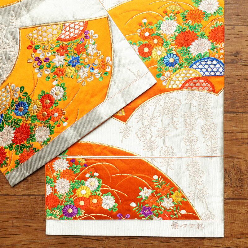 袋帯 六通柄 銀つづれ フォーマル用 正絹 扇 古典柄 橙_画像18