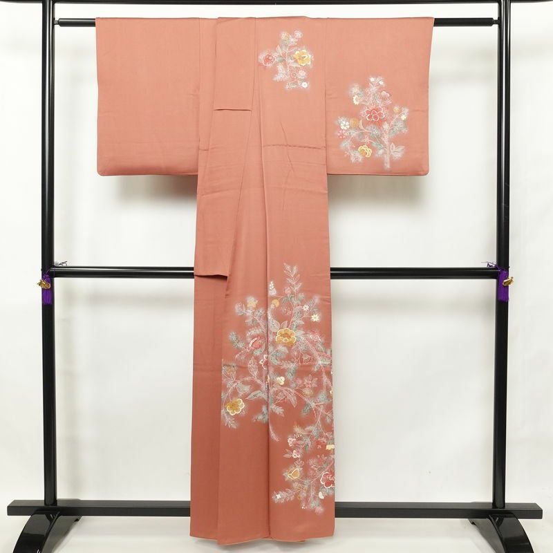 付け下げ 正絹 刺繍 付下 花柄 袷仕立て 小豆・エンジ_画像2