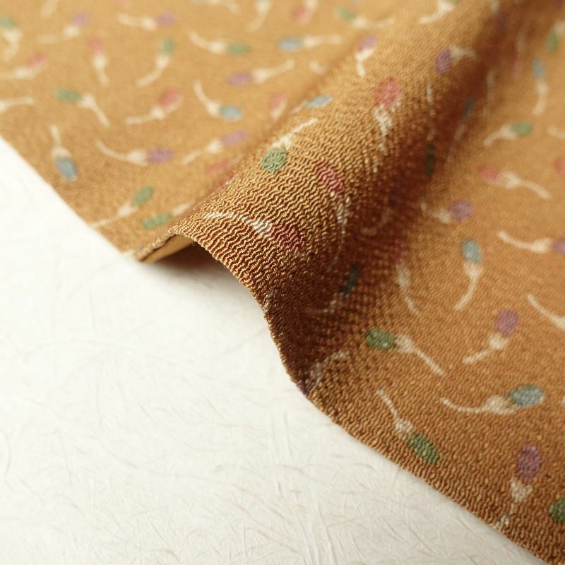 小紋 縮緬 正絹 木の葉・植物柄 袷仕立て 黄・黄土色_画像11