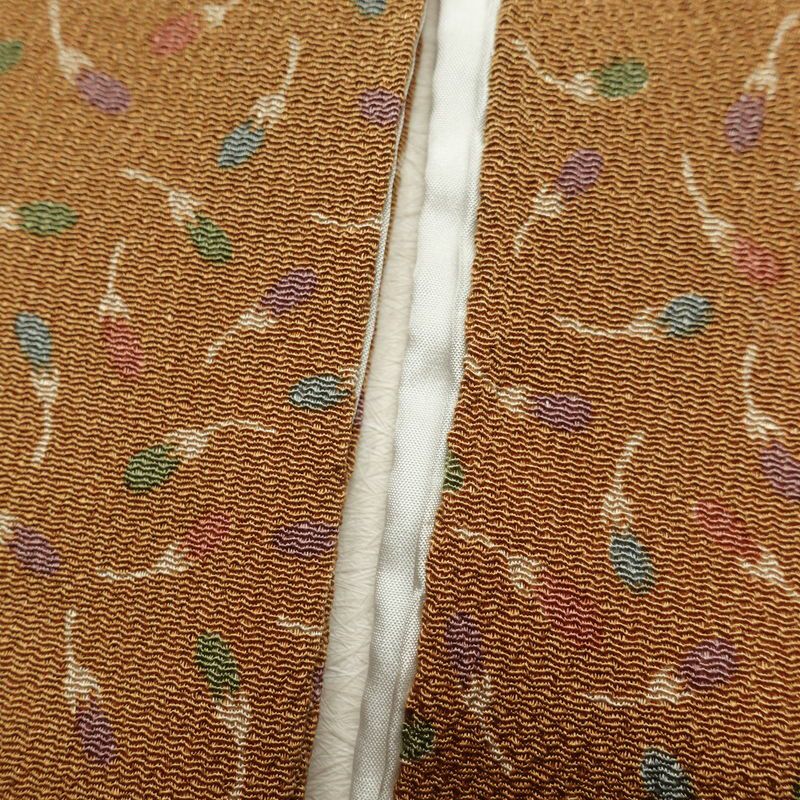 小紋 縮緬 正絹 木の葉・植物柄 袷仕立て 黄・黄土色_画像19