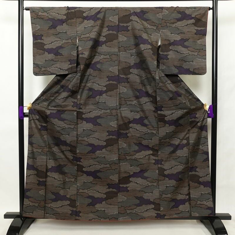 紬 正絹 雲柄 紬着物 つむぎ 袷仕立て 紫・藤色_画像1