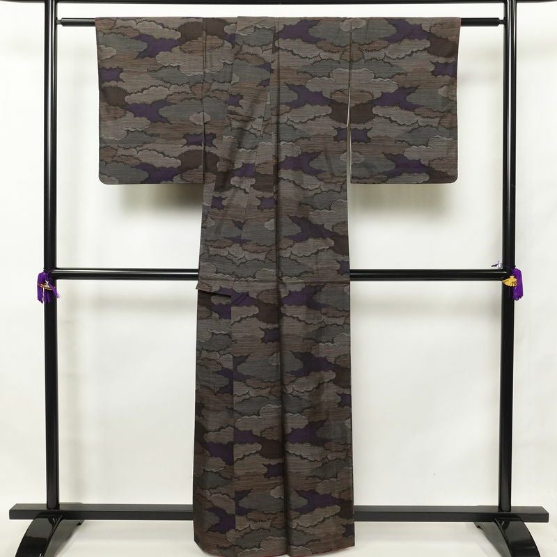 紬 正絹 雲柄 紬着物 つむぎ 袷仕立て 紫・藤色_画像2