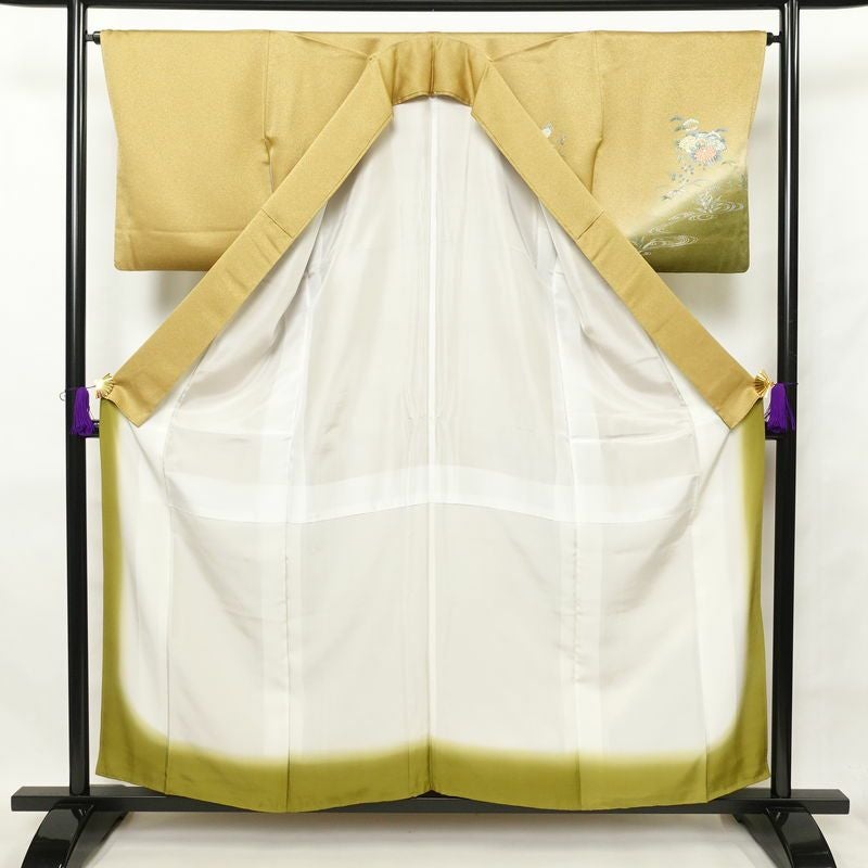 付け下げ 美品 正絹 箔 金彩 刺繍 古典柄 袷仕立て 黄・黄土色_画像3