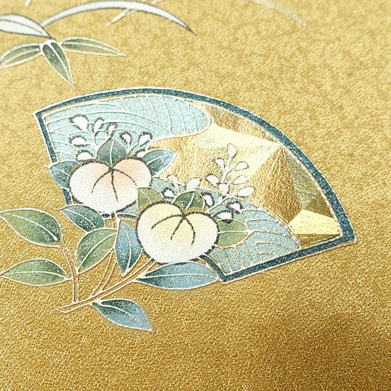 付け下げ 美品 正絹 箔 金彩 刺繍 古典柄 袷仕立て 黄・黄土色_画像9