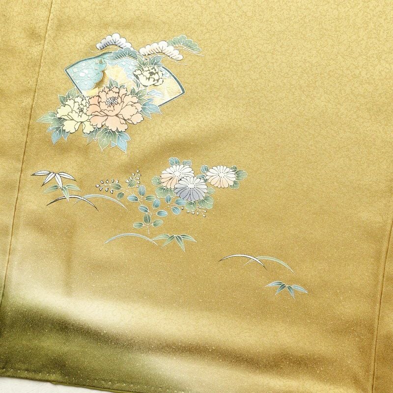 付け下げ 美品 正絹 箔 金彩 刺繍 古典柄 袷仕立て 黄・黄土色_画像19