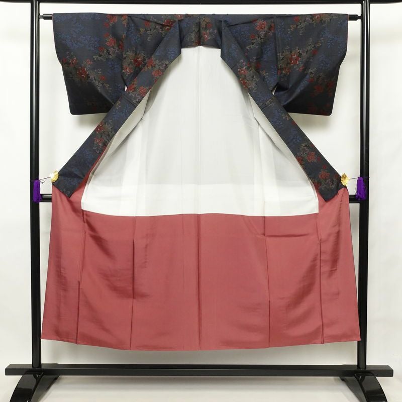 紬 良品 正絹 紬着物 花柄 つむぎ 袷仕立て 青・紺_画像3