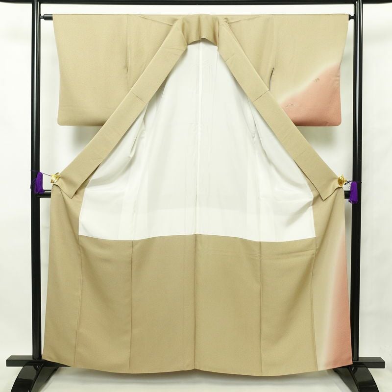 付け下げ 良品 天目染 共八掛 正絹 刺繍 金彩 花柄 袷仕立て 緑・うぐいす色_画像3