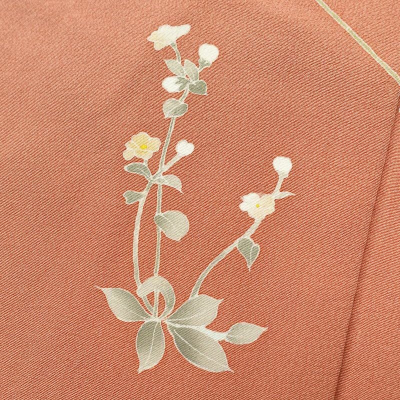 訪問着 落款入り 一つ紋付き 共八掛 縮緬 正絹 花柄 袷仕立て 赤・朱_画像9