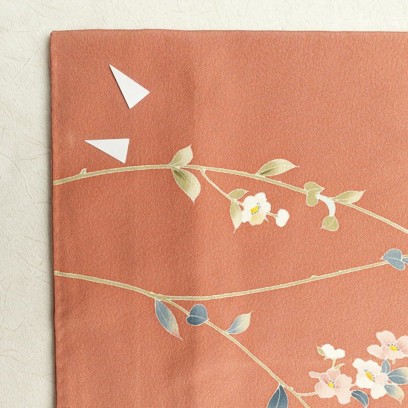 訪問着 落款入り 一つ紋付き 共八掛 縮緬 正絹 花柄 袷仕立て 赤・朱_画像31