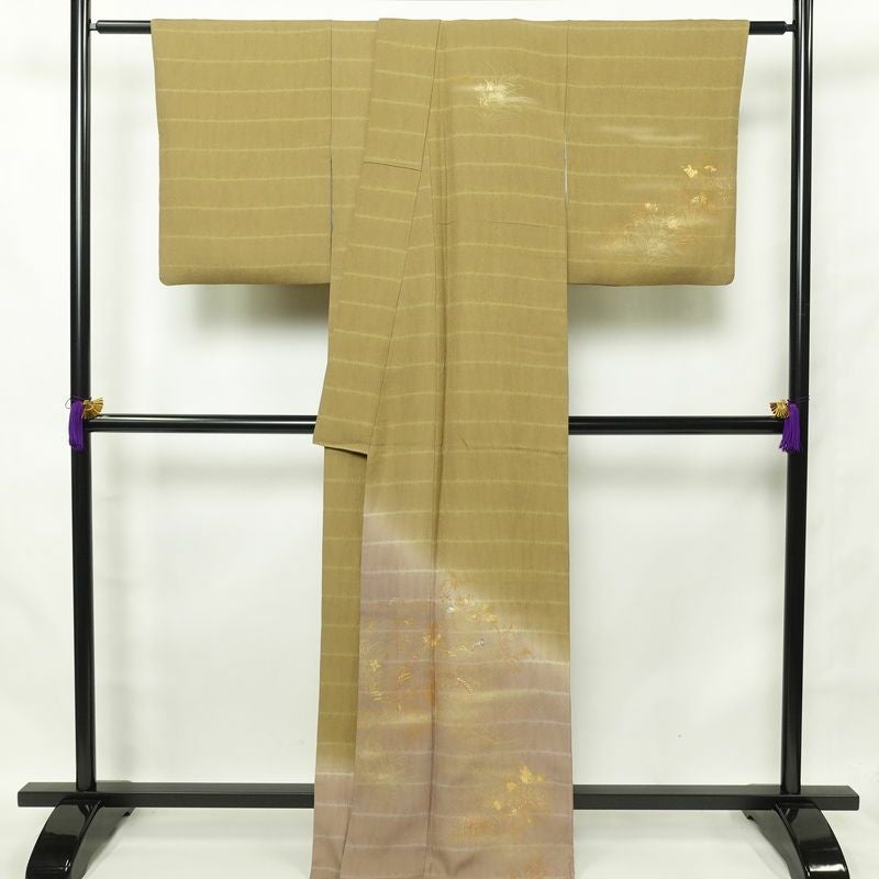 付け下げ 良品 絞り 箔 刺繍 正絹 木の葉・植物柄 袷仕立て 黄・黄土色_画像2