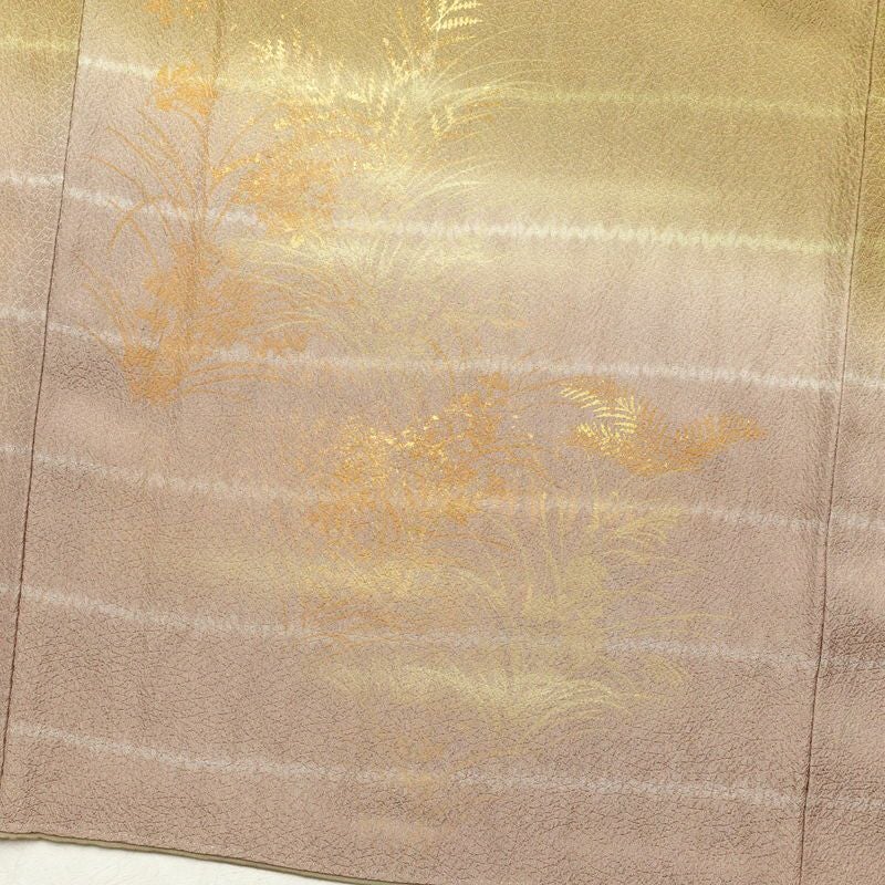 付け下げ 良品 絞り 箔 刺繍 正絹 木の葉・植物柄 袷仕立て 黄・黄土色_画像18