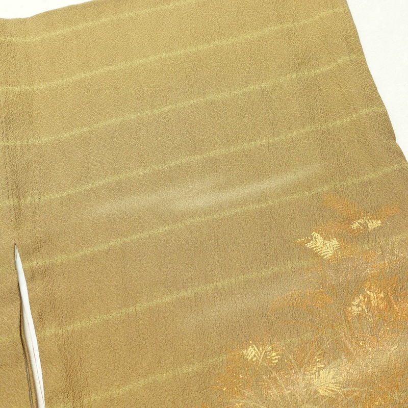 付け下げ 良品 絞り 箔 刺繍 正絹 木の葉・植物柄 袷仕立て 黄・黄土色_画像20