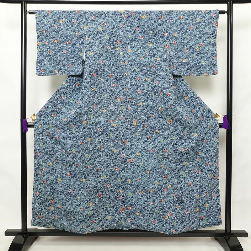 小紋 良品 縮緬 正絹 小紋着物 古典柄 袷仕立て 青・紺_画像1