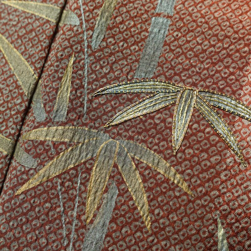 付け下げ 良品 正絹 着物 附下 刺繍 身丈157.5cm 裄丈63cm 竹 木の葉・植物柄 鹿の子 袷仕立て 橙_画像8
