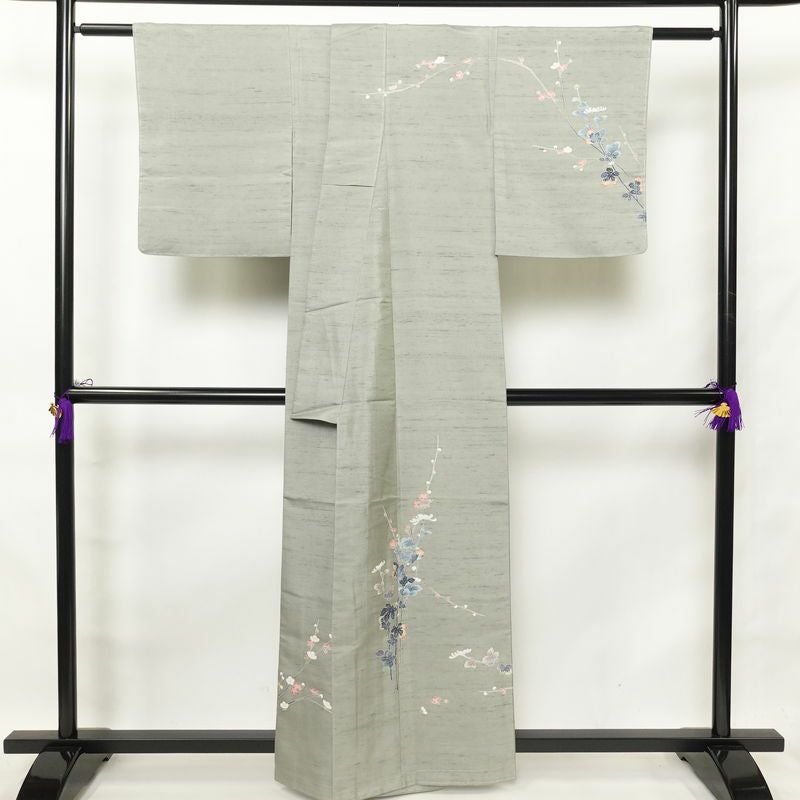 訪問着 紬生地 しつけ糸付き 正絹 花柄 身丈160cm 裄丈64cm 紬地 共八掛 袷仕立て 緑・うぐいす色_画像2